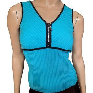 Y2K Sleeveless Ribbed  Knit Tank Top Womens S Blue Quarter Zip Rhinestones